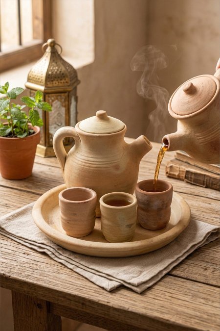 طقم دلة شاي 1 لتر مع كاسات فخار